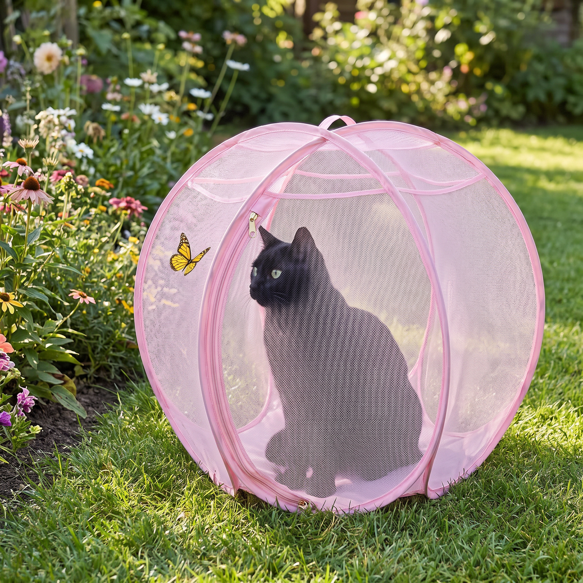 SpinnyMew pink cat playpen in the garden