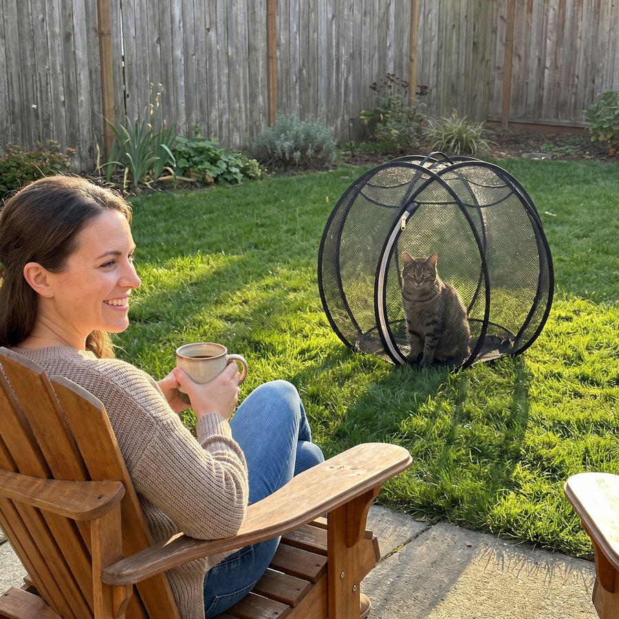 Woman relaxing on patio with cat in SpinnyMew