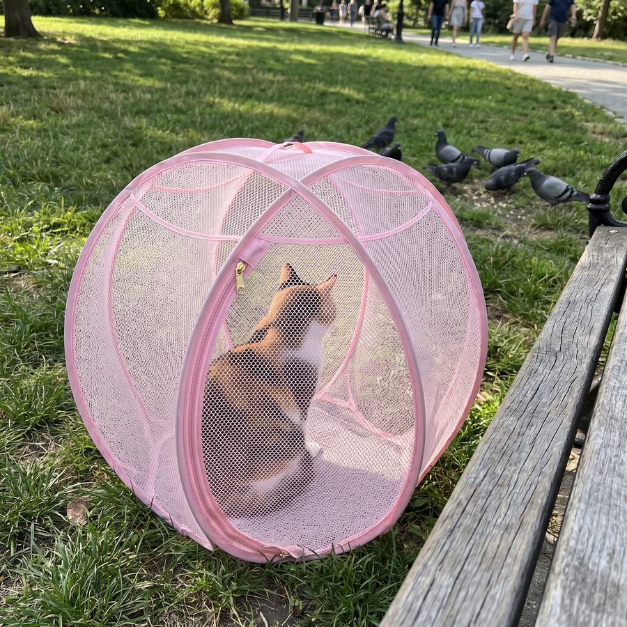 Calico cat in pink SpinnyMew at the park